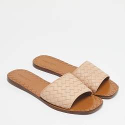Pre Owned Bottega Veneta Beige Intrecciato Leather Flat Slides Size 40