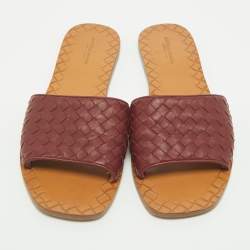 Pre Owned Bottega Veneta Burgundy Intrecciato Leather Flat Slides Size 40