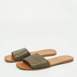 Pre Owned Bottega Veneta Grey Intrecciato Leather Flat Slides Size 40