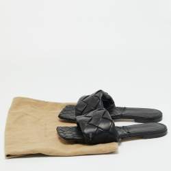 Pre Owned Bottega Veneta Black Woven Leather Flat Slides Size 42