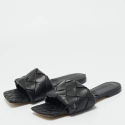 Pre Owned Bottega Veneta Black Woven Leather Flat Slides Size 42
