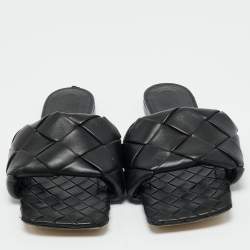 Pre Owned Bottega Veneta Black Woven Leather Flat Slides Size 42