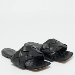 Pre Owned Bottega Veneta Black Woven Leather Flat Slides Size 42