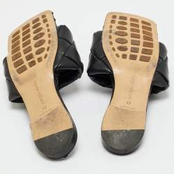 Pre Owned Bottega Veneta Black Woven Leather Flat Slides Size 42