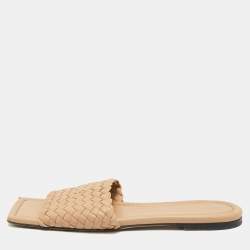 Pre Owned Bottega Veneta Beige Intrecciato Leather Slide Sandals Size 41