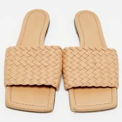 Pre Owned Bottega Veneta Beige Intrecciato Leather Slide Sandals Size 41