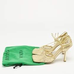 Pre Owned Bottega Veneta Gold Knit Fabric and Leather Stretch Wrap Pumps Size 39