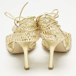 Pre Owned Bottega Veneta Gold Knit Fabric and Leather Stretch Wrap Pumps Size 39