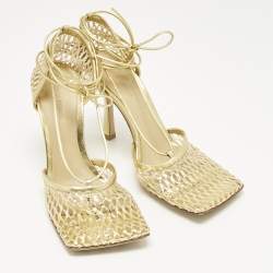 Pre Owned Bottega Veneta Gold Knit Fabric and Leather Stretch Wrap Pumps Size 39