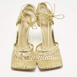Pre Owned Bottega Veneta Gold Knit Fabric and Leather Stretch Wrap Pumps Size 39
