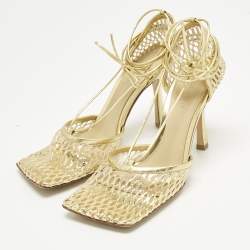 Pre Owned Bottega Veneta Gold Knit Fabric and Leather Stretch Wrap Pumps Size 39