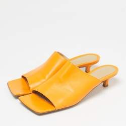 Pre Owned Bottega Veneta Orange Leather Square Toe Mule Sandals Size 36.5