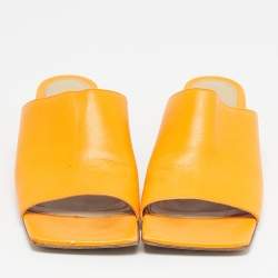 Pre Owned Bottega Veneta Orange Leather Square Toe Mule Sandals Size 36.5