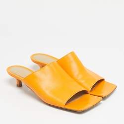 Pre Owned Bottega Veneta Orange Leather Square Toe Mule Sandals Size 36.5