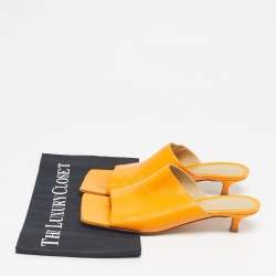 Pre Owned Bottega Veneta Orange Leather Square Toe Mule Sandals Size 36.5