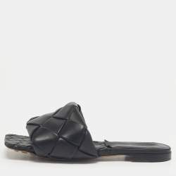 Pre Owned Bottega Veneta Black Woven Leather Lido Flat Slide Size 37.5