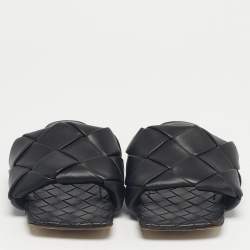 Pre Owned Bottega Veneta Black Woven Leather Lido Flat Slide Size 37.5
