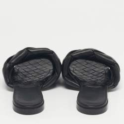 Pre Owned Bottega Veneta Black Woven Leather Lido Flat Slide Size 37.5