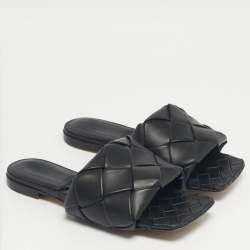 Pre Owned Bottega Veneta Black Woven Leather Lido Flat Slide Size 37.5
