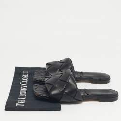 Pre Owned Bottega Veneta Black Woven Leather Lido Flat Slide Size 37.5