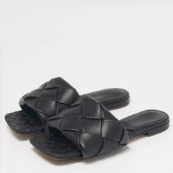 Pre Owned Bottega Veneta Black Woven Leather Lido Flat Slide Size 37.5