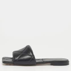 Pre Owned Bottega Veneta Black Leather Flat Slides Size 37