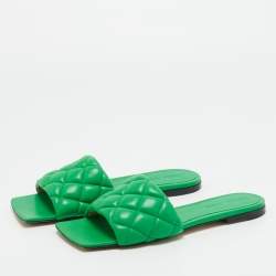 Pre Owned Bottega Veneta Green Intrecciato Leather Lido Flat Slide Sandals Size 37