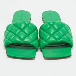 Pre Owned Bottega Veneta Green Intrecciato Leather Lido Flat Slide Sandals Size 37
