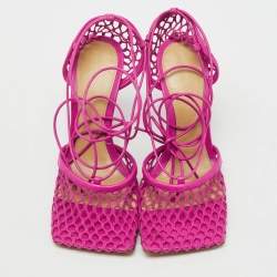 Pre Owned Bottega Veneta Pink Leather and Stretch Mesh Wrap Around Pumps Size 35.5