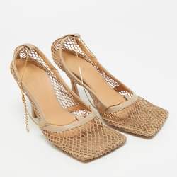 Pre Owned Bottega Veneta Beige Mesh and Leather Chain Stretch Pumps Size 38