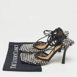 Pre Owned Bottega Veneta Black Leather and Stretch Mesh Wrap Around Pumps Size 38