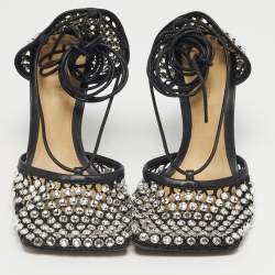 Pre Owned Bottega Veneta Black Leather and Stretch Mesh Wrap Around Pumps Size 38