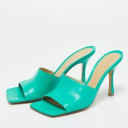 Pre Owned Bottega Veneta Green Leather Strech Slide Sandals Size 41