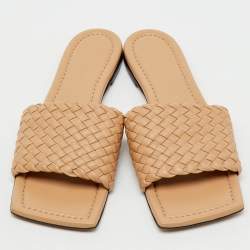 Pre Owned Bottega Veneta Beige Intrecciato Leather Flat Slide Sandals Size 41