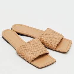 Pre Owned Bottega Veneta Beige Intrecciato Leather Flat Slide Sandals Size 41