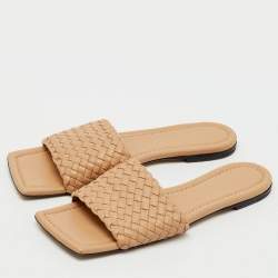 Pre Owned Bottega Veneta Beige Intrecciato Leather Flat Slide Sandals Size 41