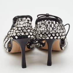 Pre Owned Bottega Veneta Black Leather Sparkle Stretch Ankle Tie Up Sandals Size 36.5