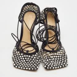 Pre Owned Bottega Veneta Black Leather Sparkle Stretch Ankle Tie Up Sandals Size 36.5