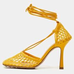 Pre Owned Bottega Veneta Yellow Leather and Mesh Stretch Ankle Tie Up Sandals Size 36