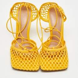 Pre Owned Bottega Veneta Yellow Leather and Mesh Stretch Ankle Tie Up Sandals Size 36