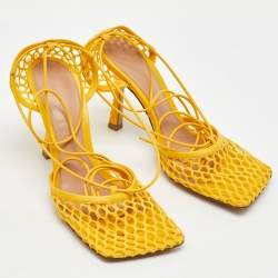 Pre Owned Bottega Veneta Yellow Leather and Mesh Stretch Ankle Tie Up Sandals Size 36