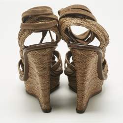 Pre Owned Bottega Veneta Brown Raffia Ankle Wrap Wedge Sandals Size 38