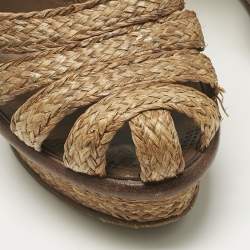 Pre Owned Bottega Veneta Brown Raffia Ankle Wrap Wedge Sandals Size 38