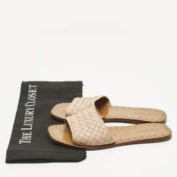 Pre Owned Bottega Veneta Beige Intrecciato Leather Slide Sandals Size 36.5