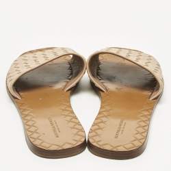Pre Owned Bottega Veneta Beige Intrecciato Leather Slide Sandals Size 36.5