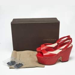 Pre Owned Bottega Veneta Red Leather Intrecciato Platform Sandals Size 39 