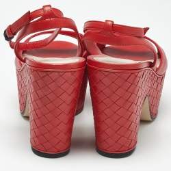 Pre Owned Bottega Veneta Red Leather Intrecciato Platform Sandals Size 39 
