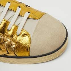 Pre Owned Bottega Veneta Gold/White Intrecciato Leather and Suede Low Top Sneakers Size 38
