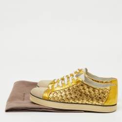Pre Owned Bottega Veneta Gold/White Intrecciato Leather and Suede Low Top Sneakers Size 38