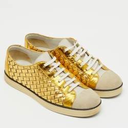 Pre Owned Bottega Veneta Gold/White Intrecciato Leather and Suede Low Top Sneakers Size 38